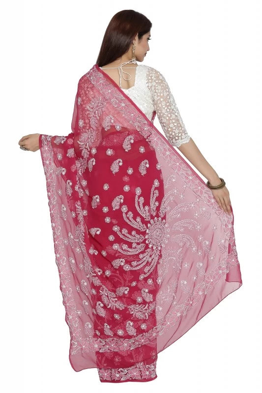 Ada Hand Embroidered Maroon Georgette Lucknowi Chikankari Saree With Blouse A204914