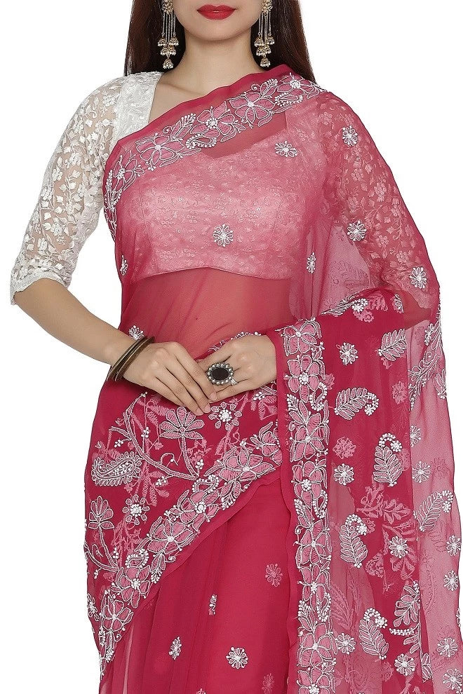 Ada Hand Embroidered Maroon Georgette Lucknowi Chikankari Saree With Blouse A204914