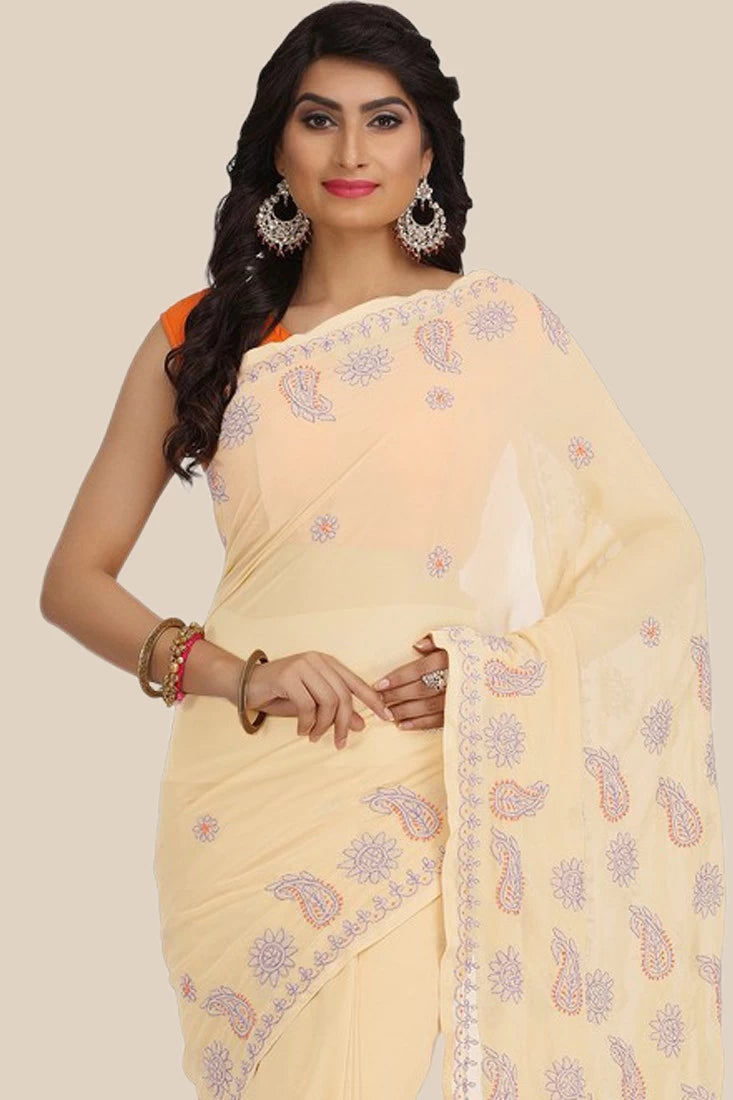 Ada Hand Embroidered Fawn Georgette Lucknowi Chikankari Saree With Blouse A458822