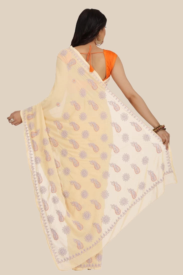 Ada Hand Embroidered Fawn Georgette Lucknowi Chikankari Saree With Blouse A458822
