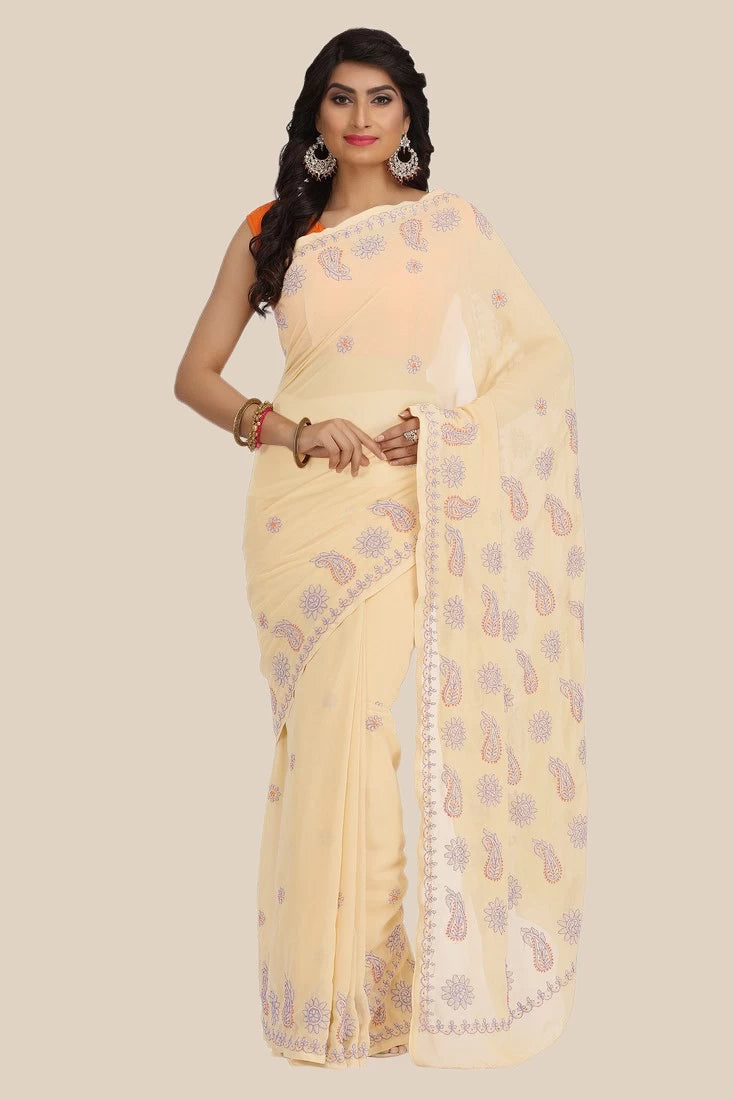 Ada Hand Embroidered Fawn Georgette Lucknowi Chikankari Saree With Blouse A458822