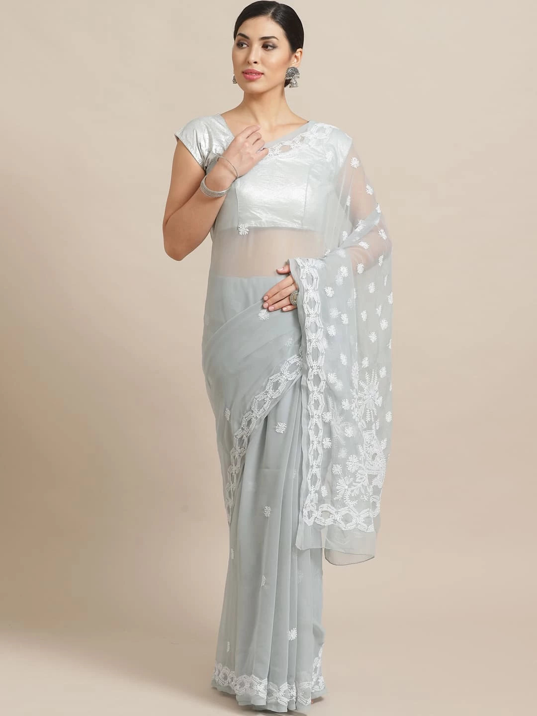 Ada Hand Embroidered Grey Georgette Lucknowi Chikankari Saree With Blouse A219501