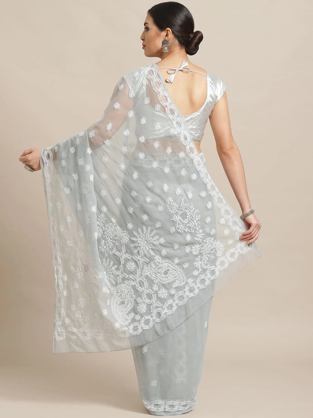 Ada Hand Embroidered Grey Georgette Lucknowi Chikankari Saree With Blouse A219501