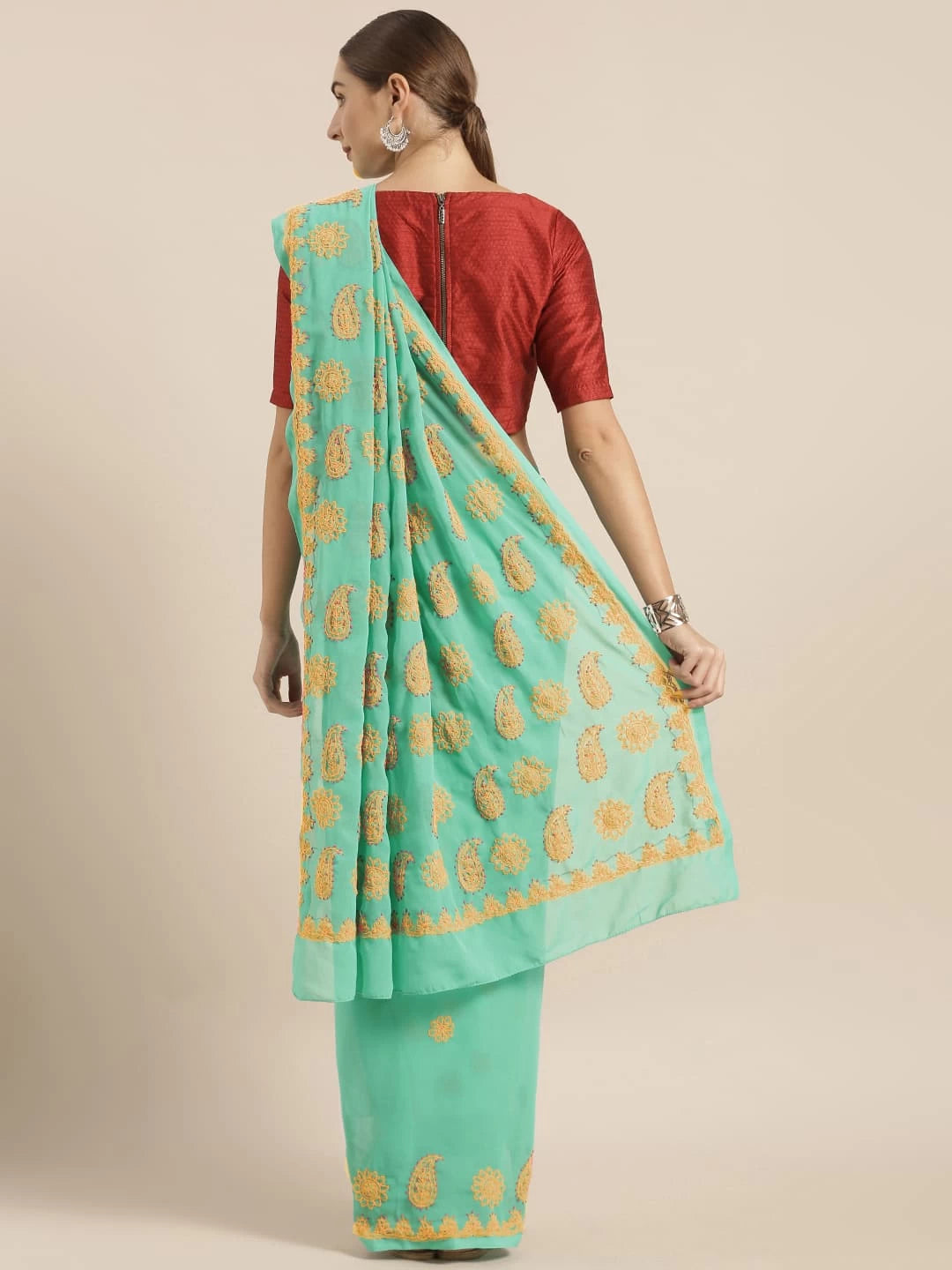 Ada Hand Embroidered Sea Green Georgette Lucknowi Chikankari Saree With Blouse A100115