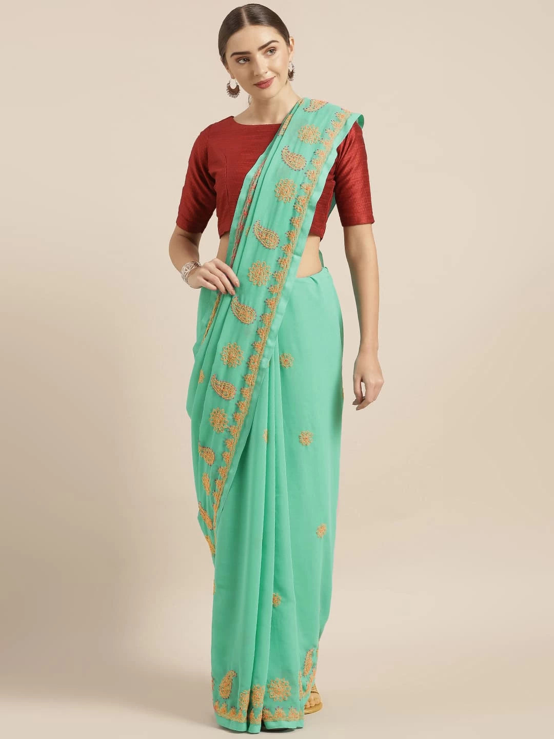 Ada Hand Embroidered Sea Green Georgette Lucknowi Chikankari Saree With Blouse A100115