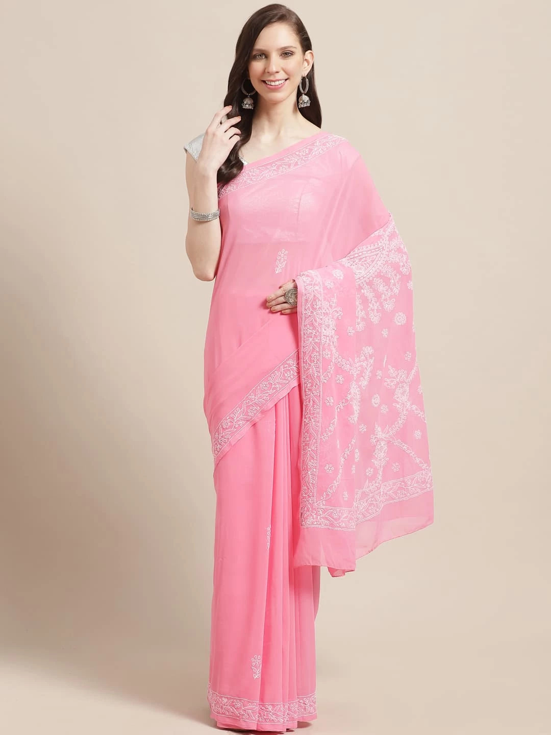 Ada Hand Embroidered Onion Pink Georgette Lucknowi Chikankari Saree With Blouse A204361