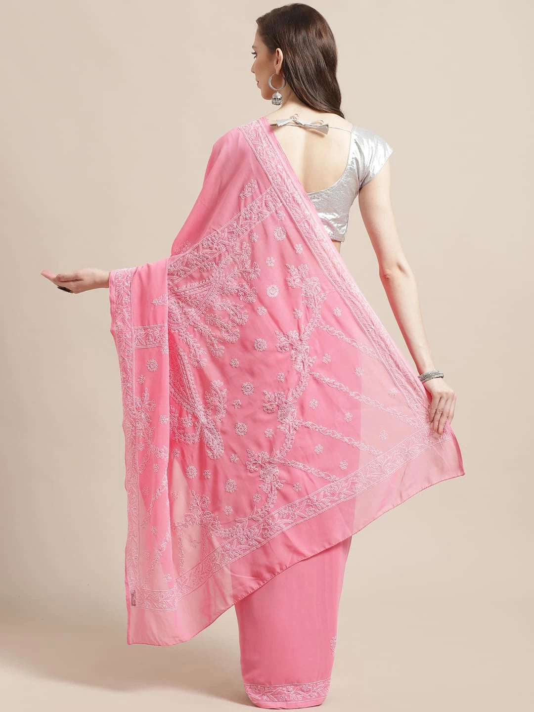 Ada Hand Embroidered Onion Pink Georgette Lucknowi Chikankari Saree With Blouse A204361
