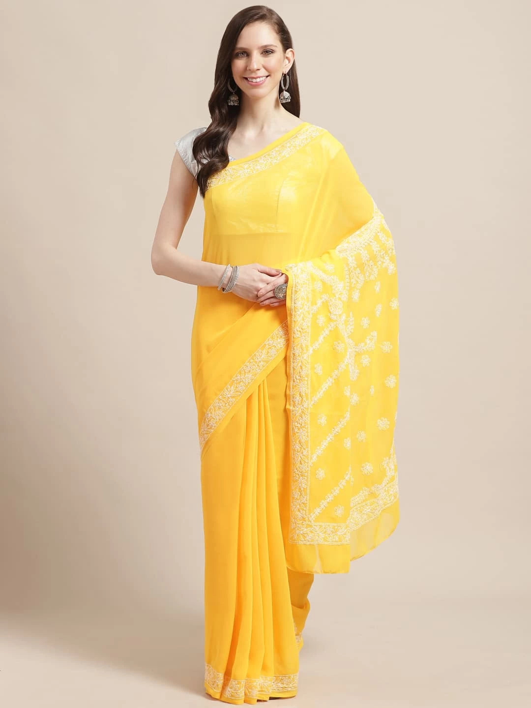 Ada Hand Embroidered Yellow Georgette Lucknowi Chikankari Saree With Blouse A183244