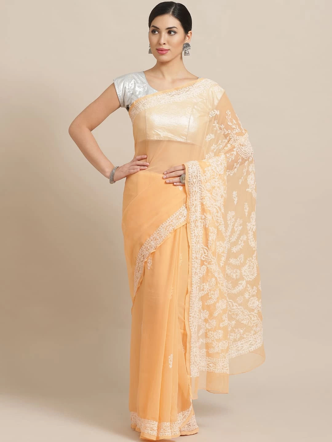 Ada Hand Embroidered Peach Georgette Lucknowi Chikankari Saree With Blouse A188942