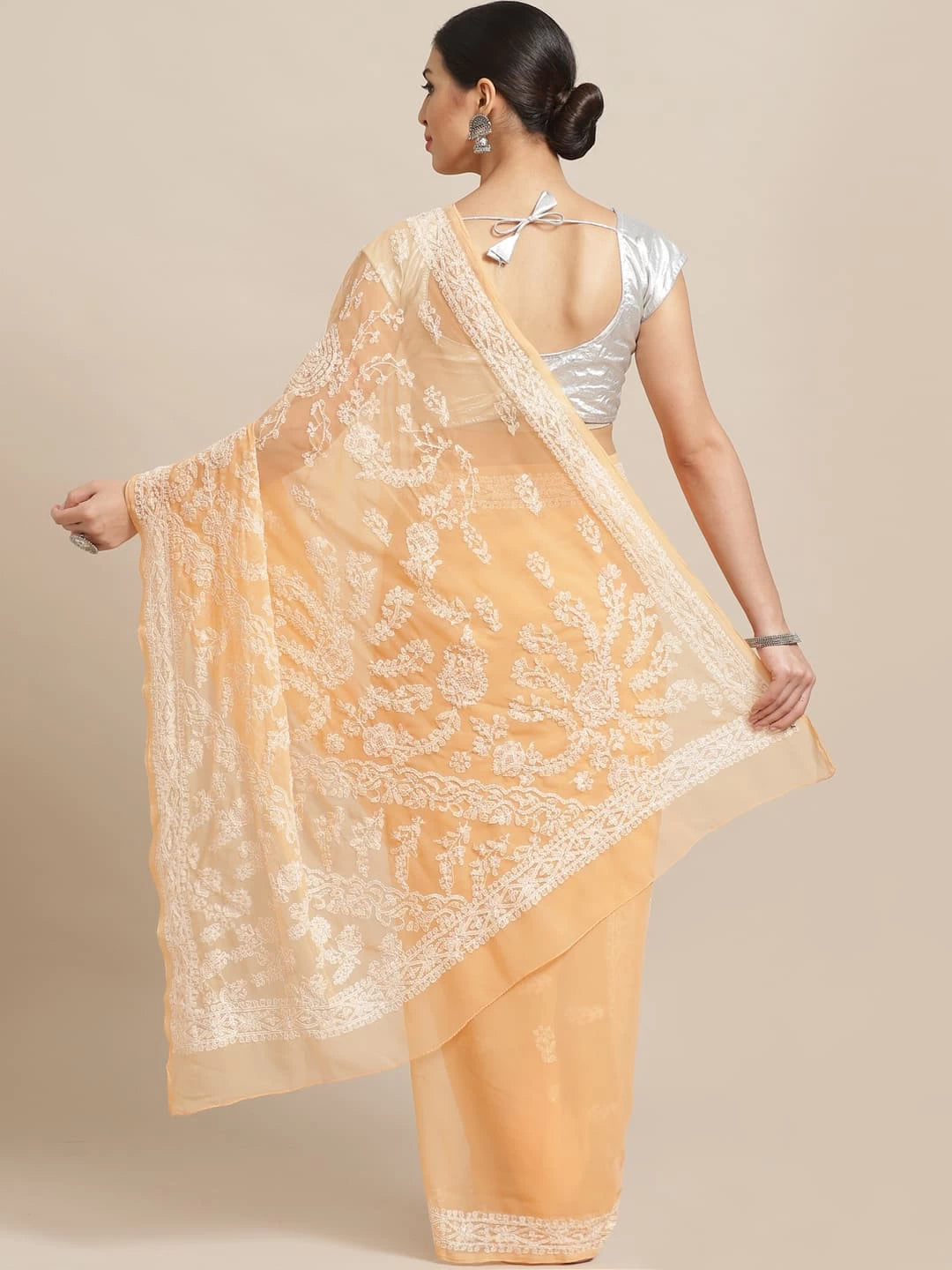 Ada Hand Embroidered Peach Georgette Lucknowi Chikankari Saree With Blouse A188942