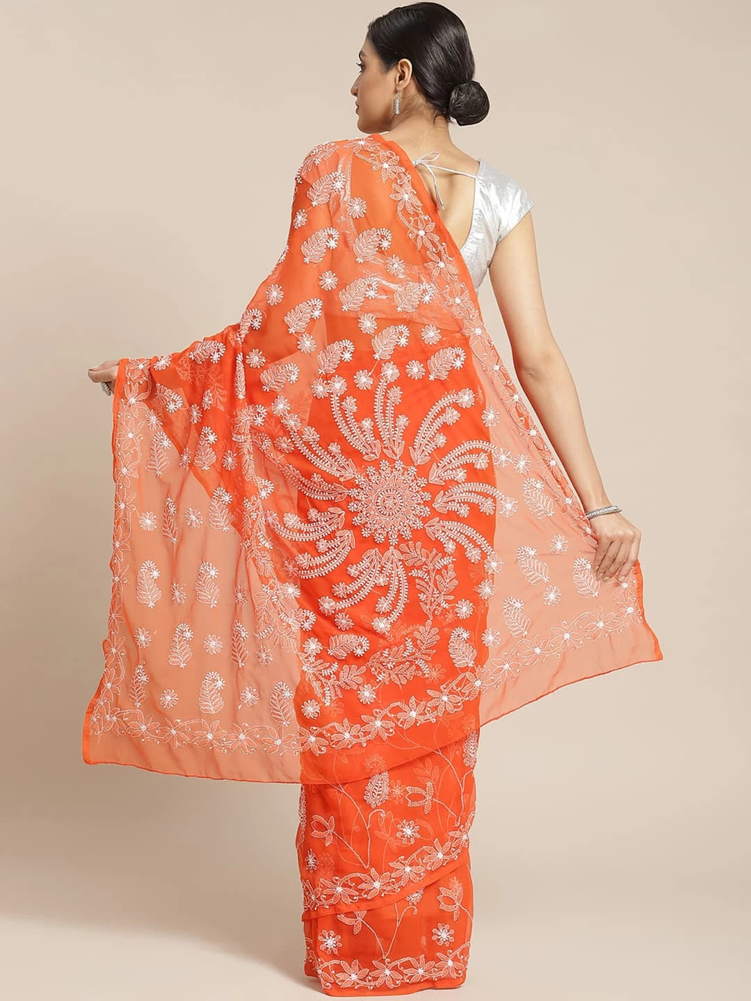 Ada Hand Embroidered Orange Georgette Lucknowi Chikankari Saree With Blouse A250039
