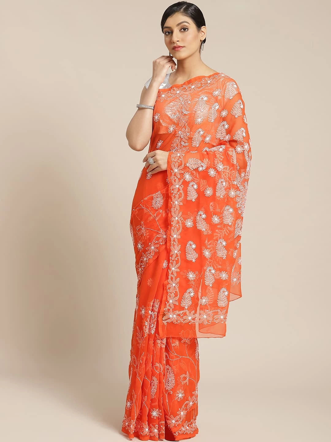 Ada Hand Embroidered Orange Georgette Lucknowi Chikankari Saree With Blouse A250039