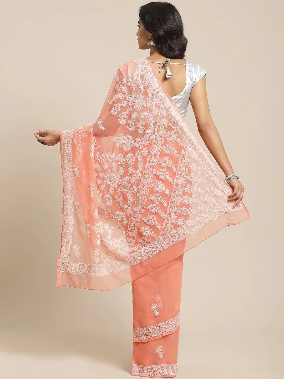 Ada Hand Embroidered Peach Georgette Lucknowi Chikankari Saree With Blouse A311136