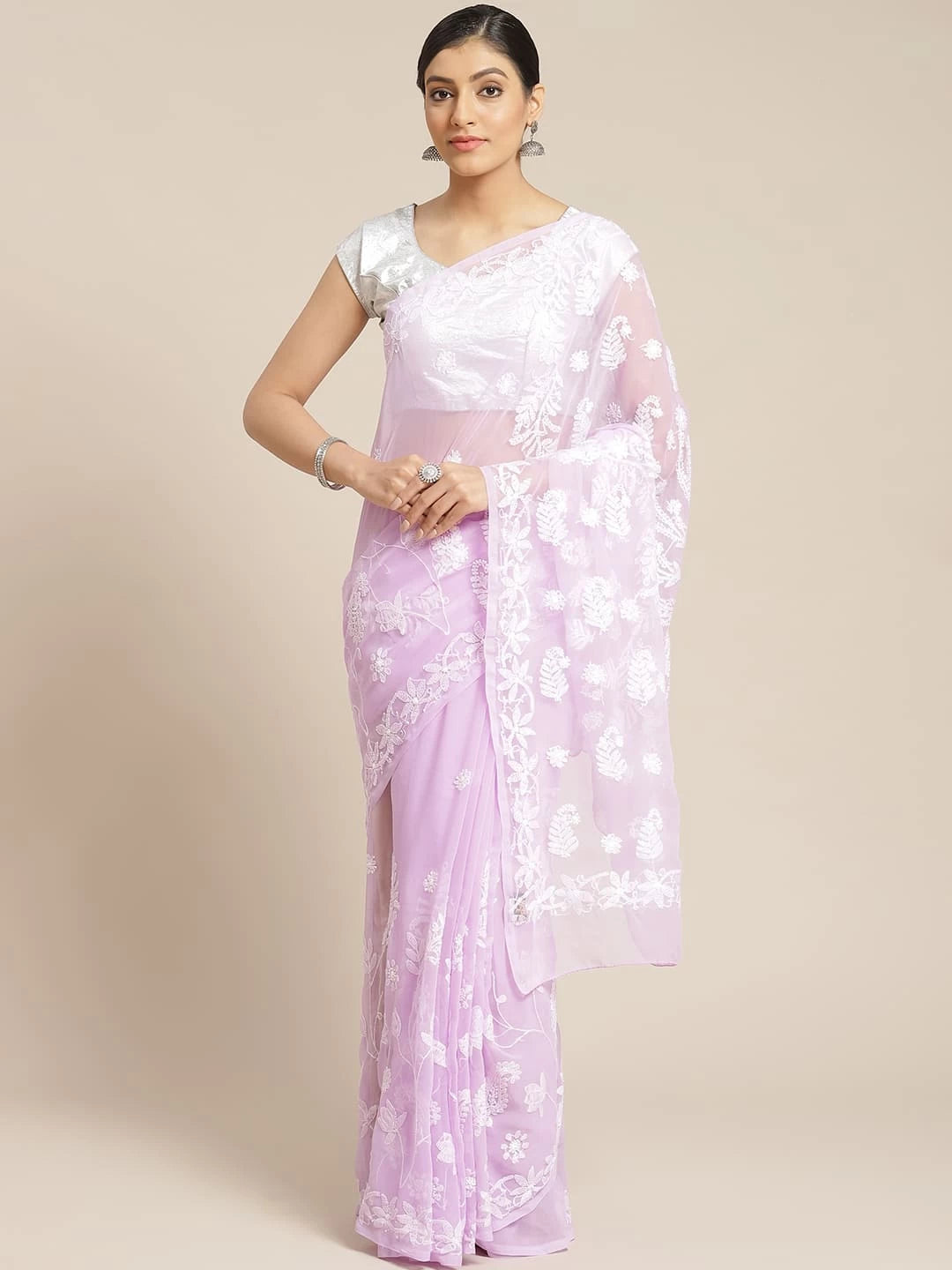 Ada Hand Embroidered Mauve Georgette Lucknowi Chikankari Saree With Blouse A129590