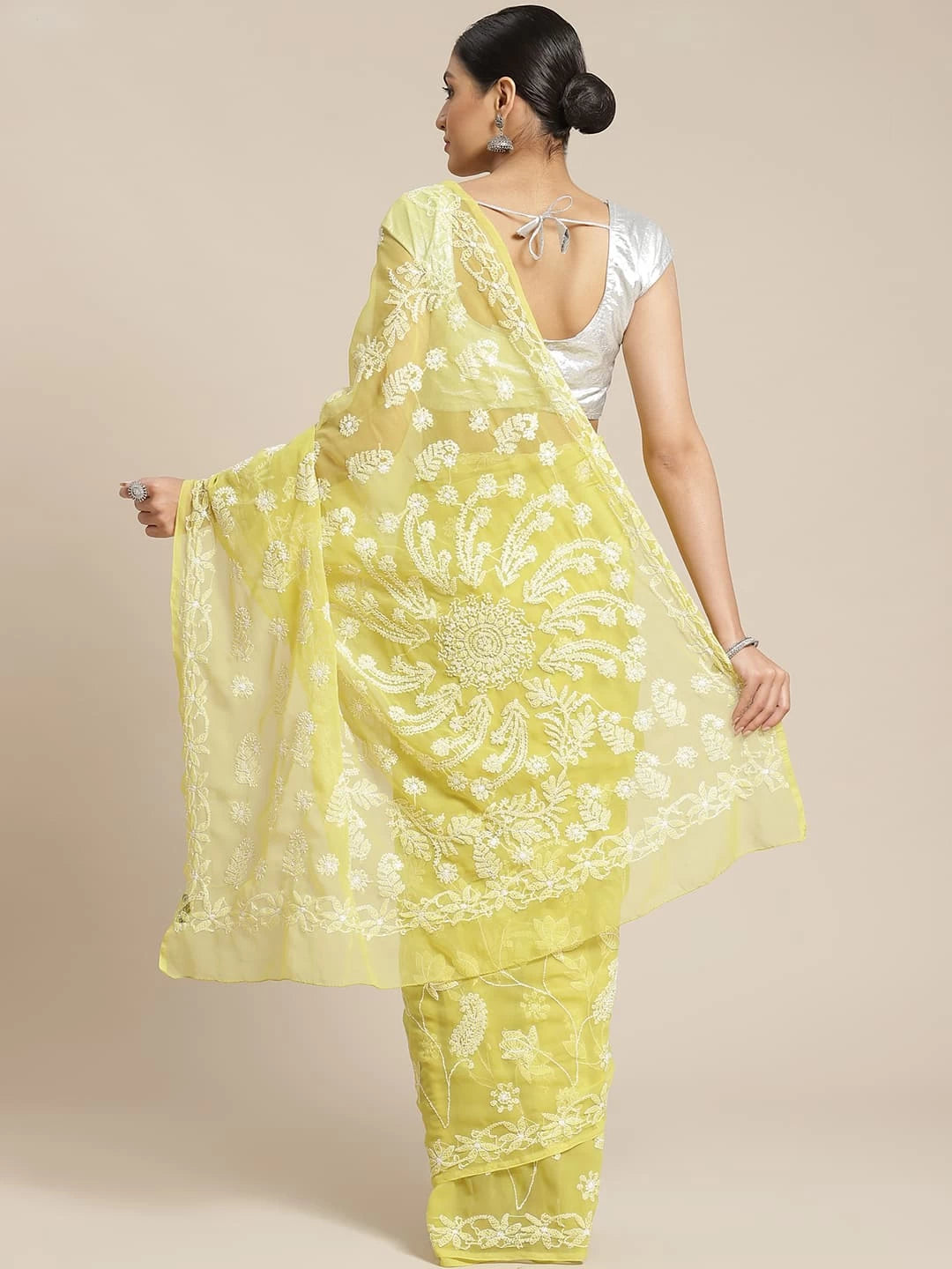 Ada Hand Embroidered Lime Green Georgette Lucknowi Chikankari Saree With Blouse A452091