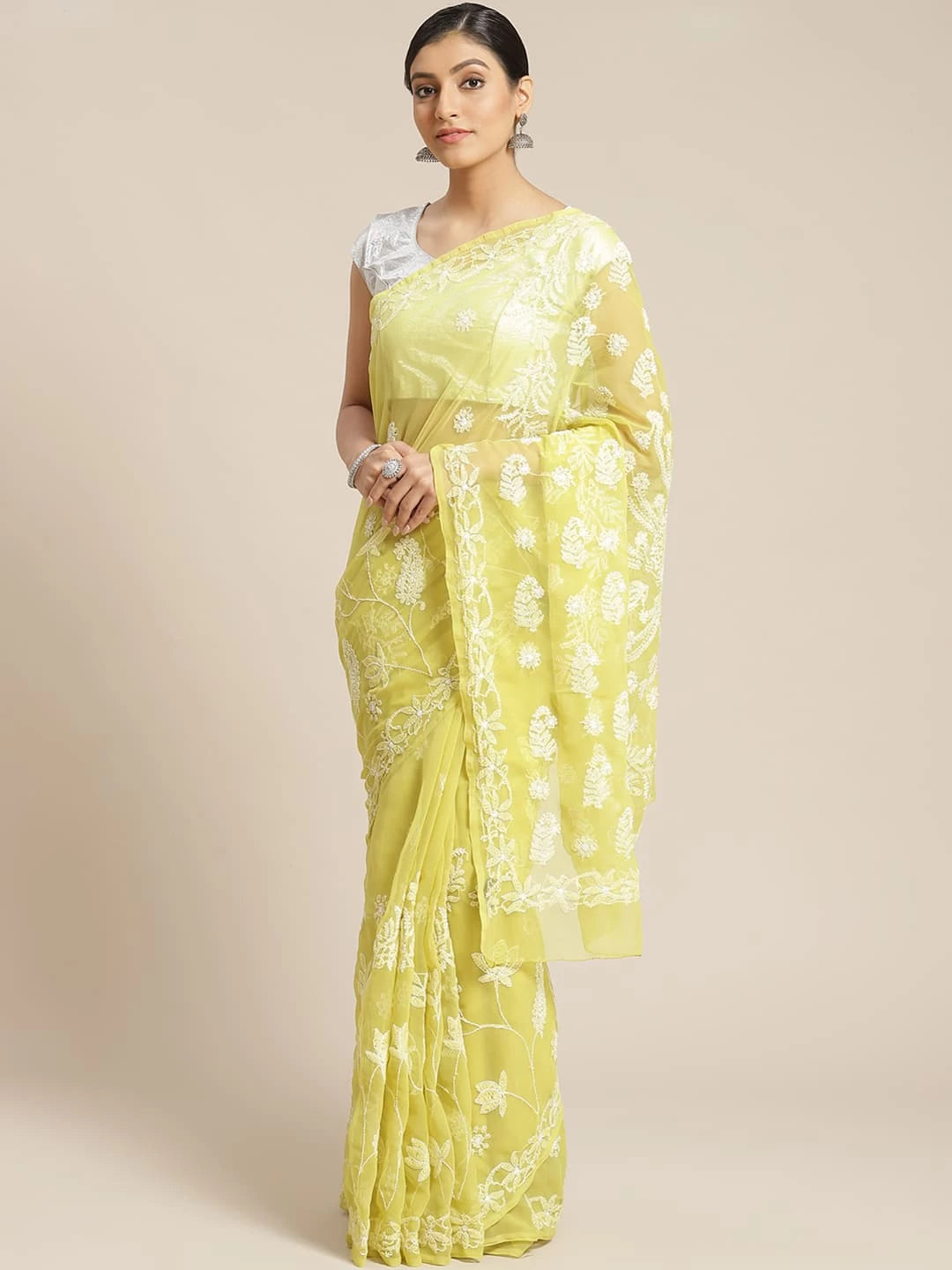 Ada Hand Embroidered Lime Green Georgette Lucknowi Chikankari Saree With Blouse A452091