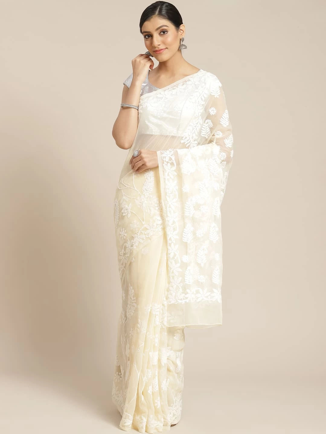 Ada Hand Embroidered Beige Georgette Lucknowi Chikankari Saree With Blouse A130074