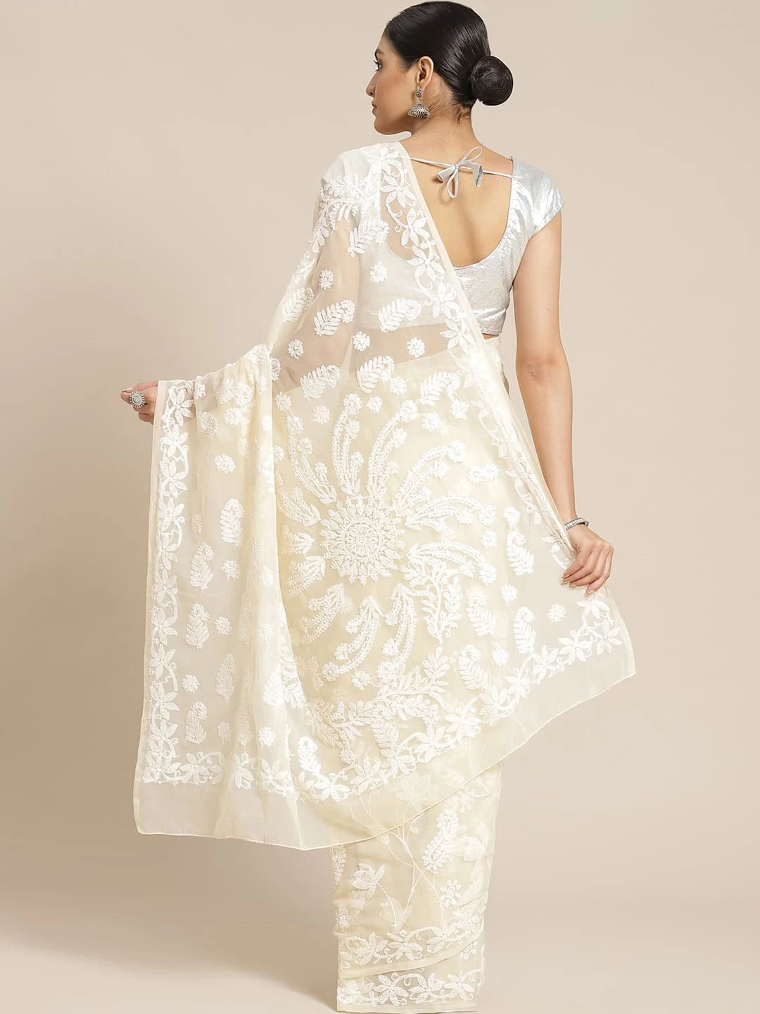 Ada Hand Embroidered Beige Georgette Lucknowi Chikankari Saree With Blouse A130074