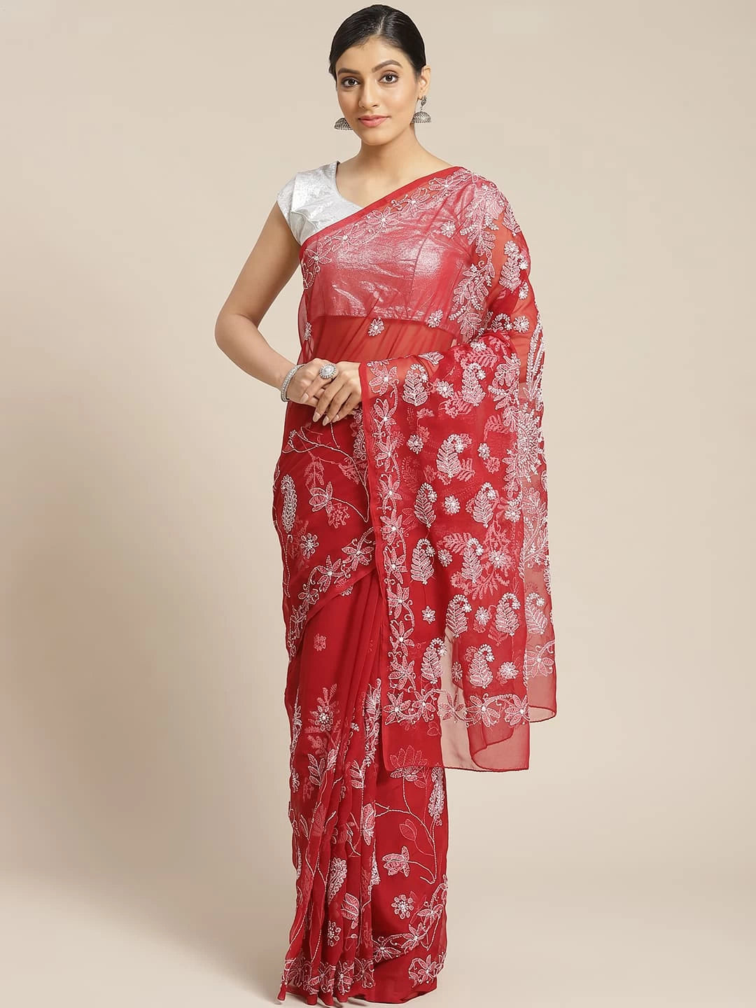 Ada Hand Embroidered Maroon Georgette Lucknowi Chikankari Saree With Blouse A434381