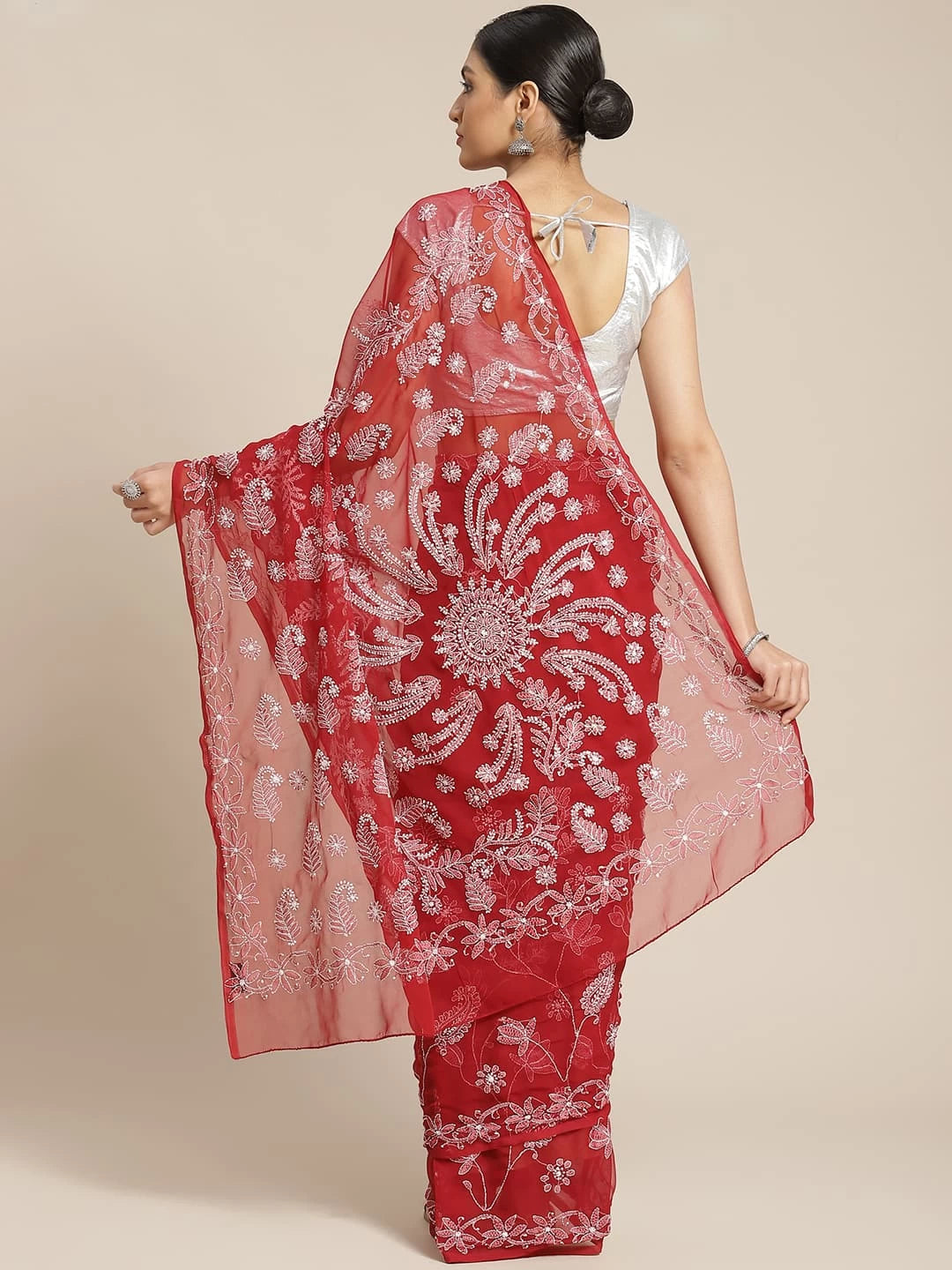 Ada Hand Embroidered Maroon Georgette Lucknowi Chikankari Saree With Blouse A434381