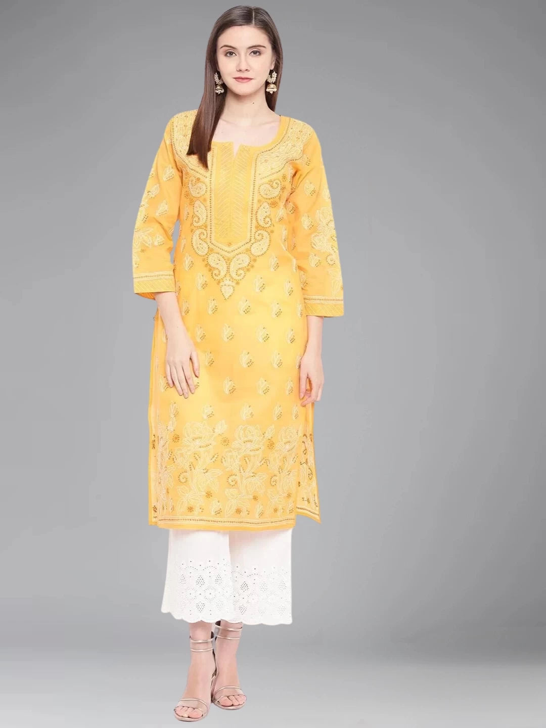 Ada Hand Embroidered Mustard Cotton Lucknowi Chikankari Straight Kurta A100283