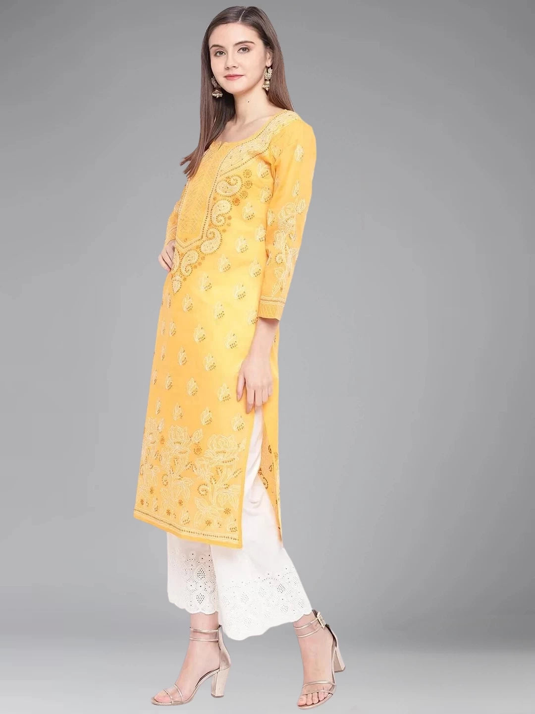 Ada Hand Embroidered Mustard Cotton Lucknowi Chikankari Straight Kurta A100283