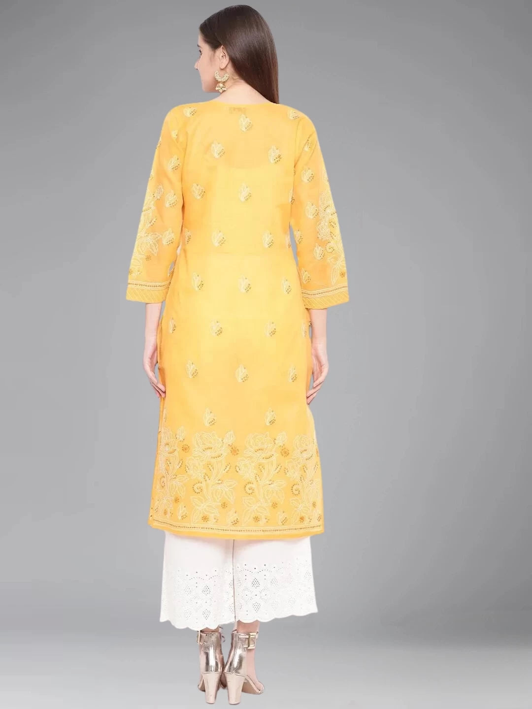 Ada Hand Embroidered Mustard Cotton Lucknowi Chikankari Straight Kurta A100283