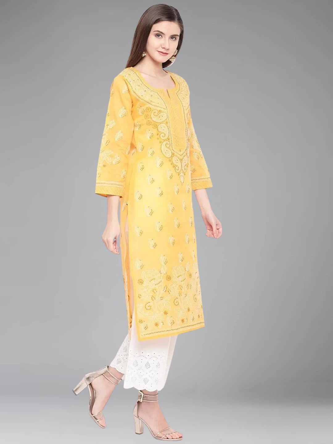 Ada Hand Embroidered Mustard Cotton Lucknowi Chikankari Straight Kurta A100283
