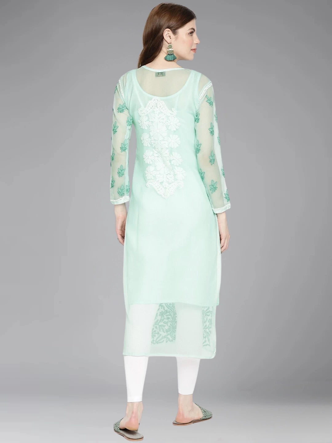 Ada Hand Embroidered Sea Green Georgette Lucknowi Chikankari Straight Kurta with Slip A218667