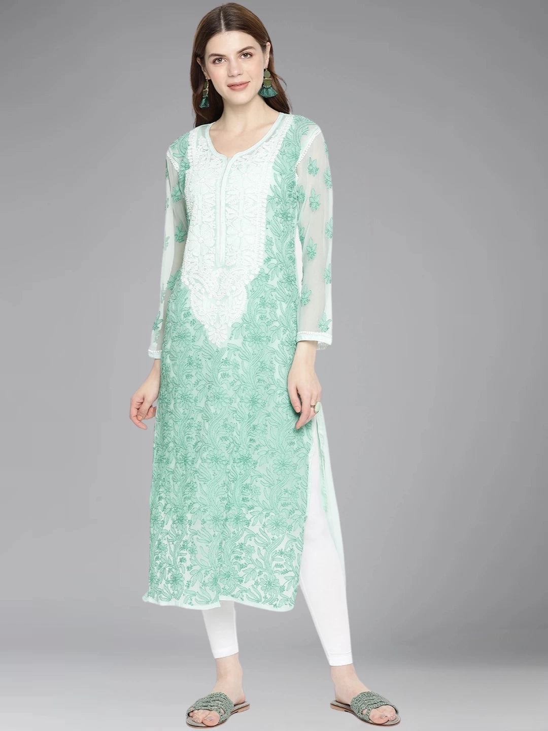 Ada Hand Embroidered Sea Green Georgette Lucknowi Chikankari Straight Kurta with Slip A218667