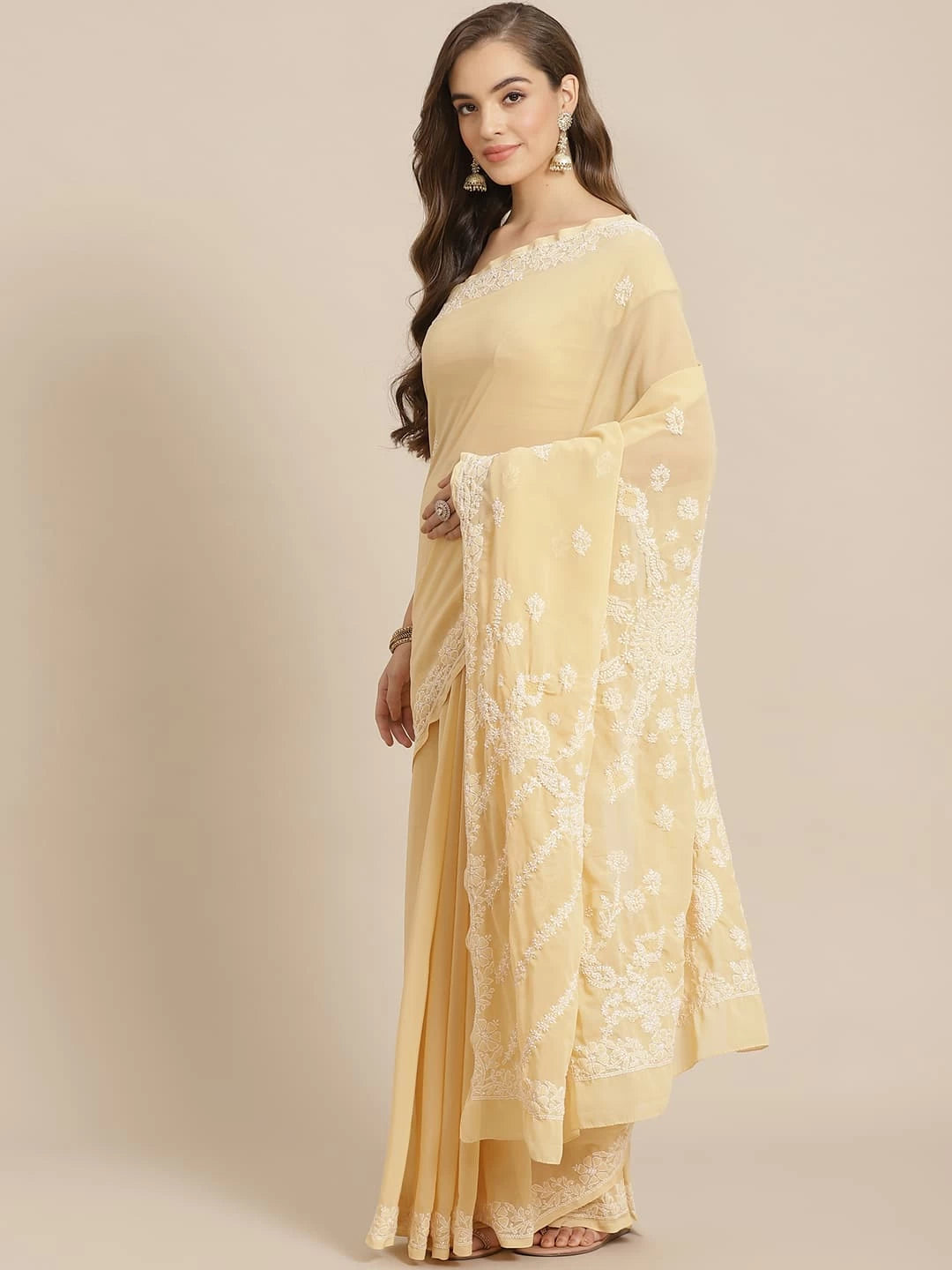 Ada Hand Embroidered Fawn Georgette Lucknowi Chikankari Saree With Blouse A183608
