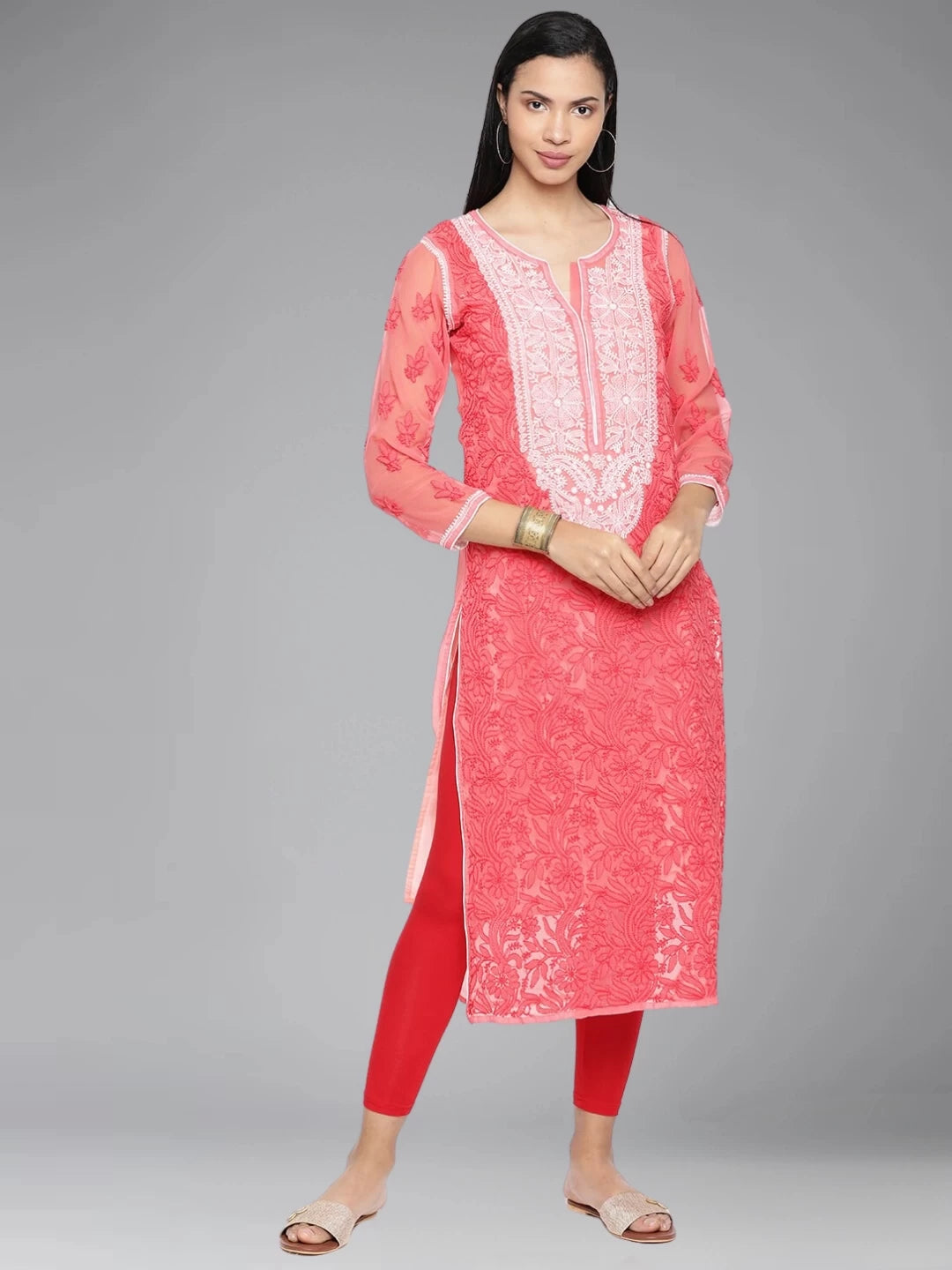 Ada Hand Embroidered Carrot Pink Georgette Lucknowi Chikankari Straight Kurta With Slip A235642