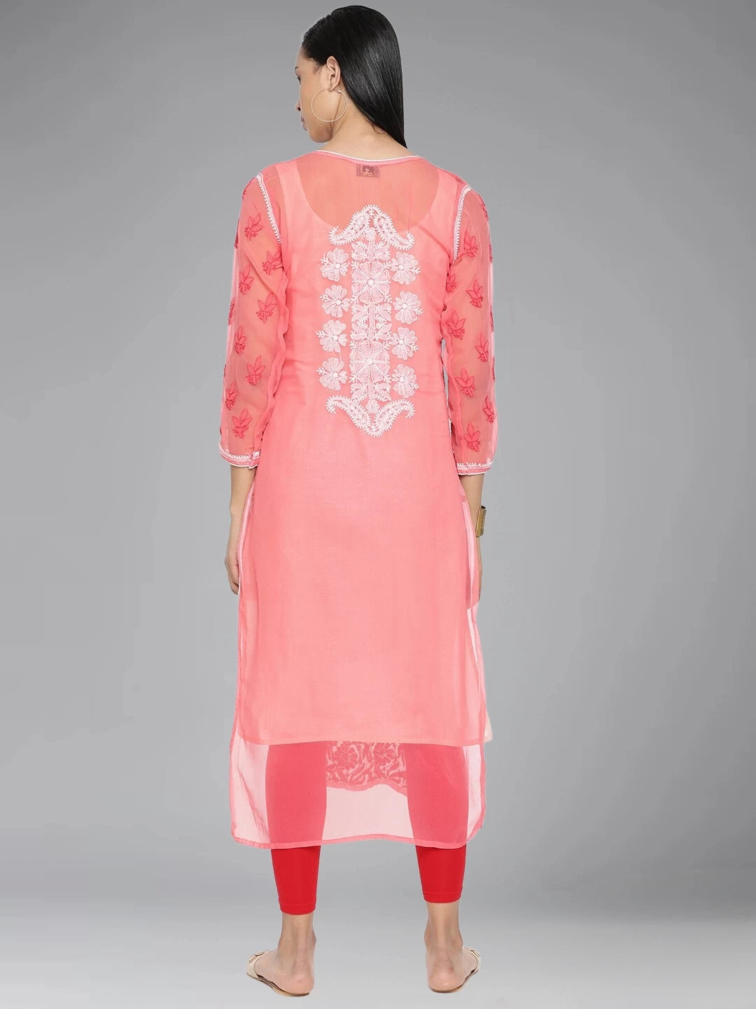 Ada Hand Embroidered Carrot Pink Georgette Lucknowi Chikankari Straight Kurta With Slip A235642