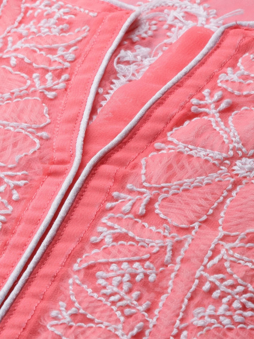 Ada Hand Embroidered Carrot Pink Georgette Lucknowi Chikankari Straight Kurta With Slip A235642