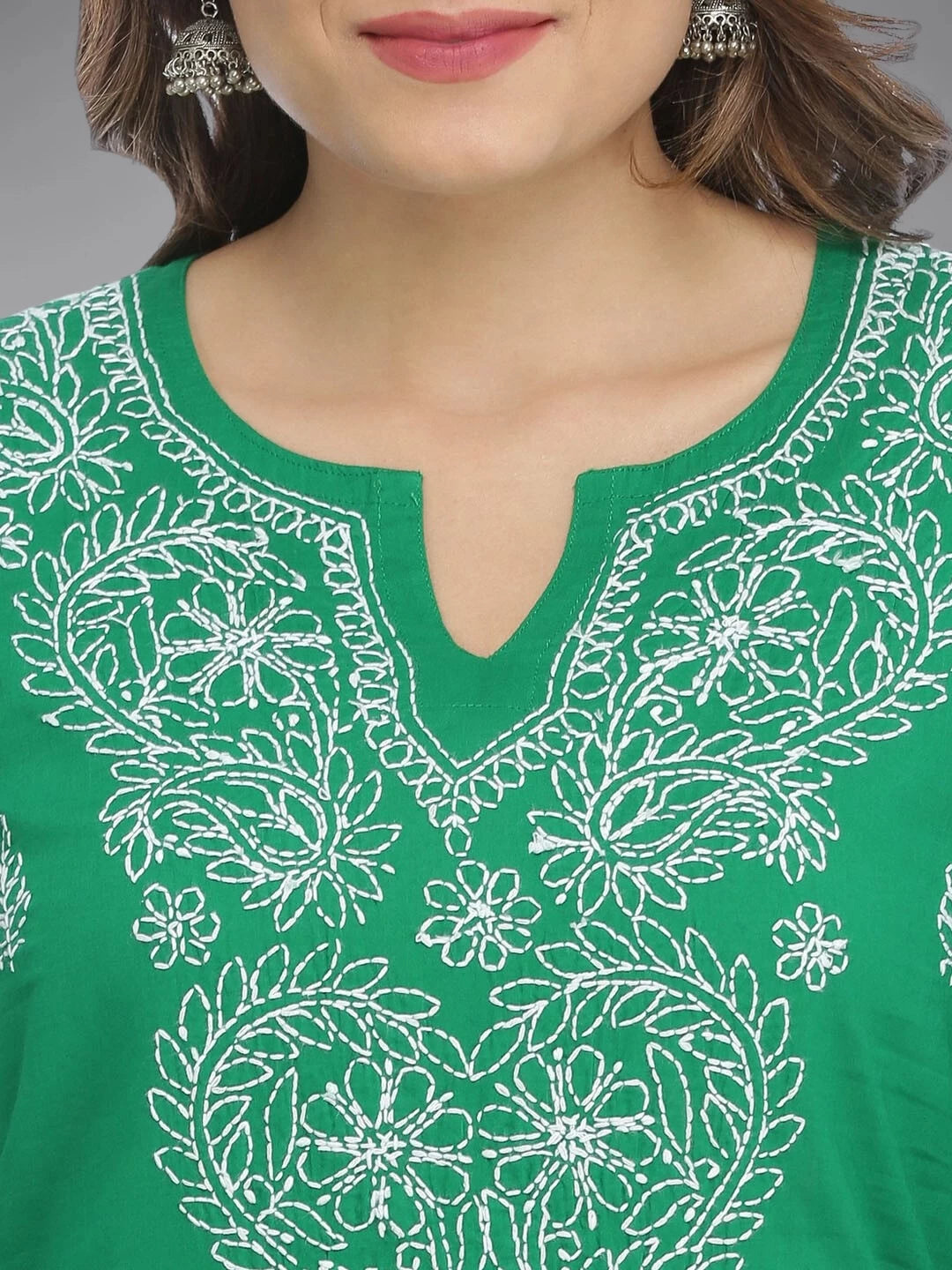 Ada Hand Embroidered Green Cotton Lucknow Chikan Straight Kurta - A396238
