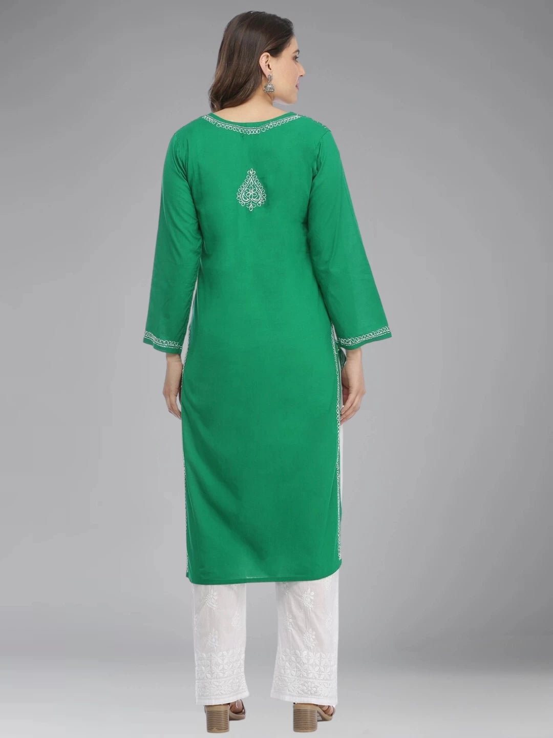Ada Hand Embroidered Green Cotton Lucknow Chikan Straight Kurta - A396238