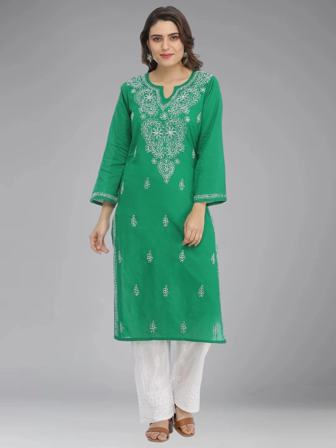 Ada Hand Embroidered Green Cotton Lucknow Chikan Straight Kurta - A396238