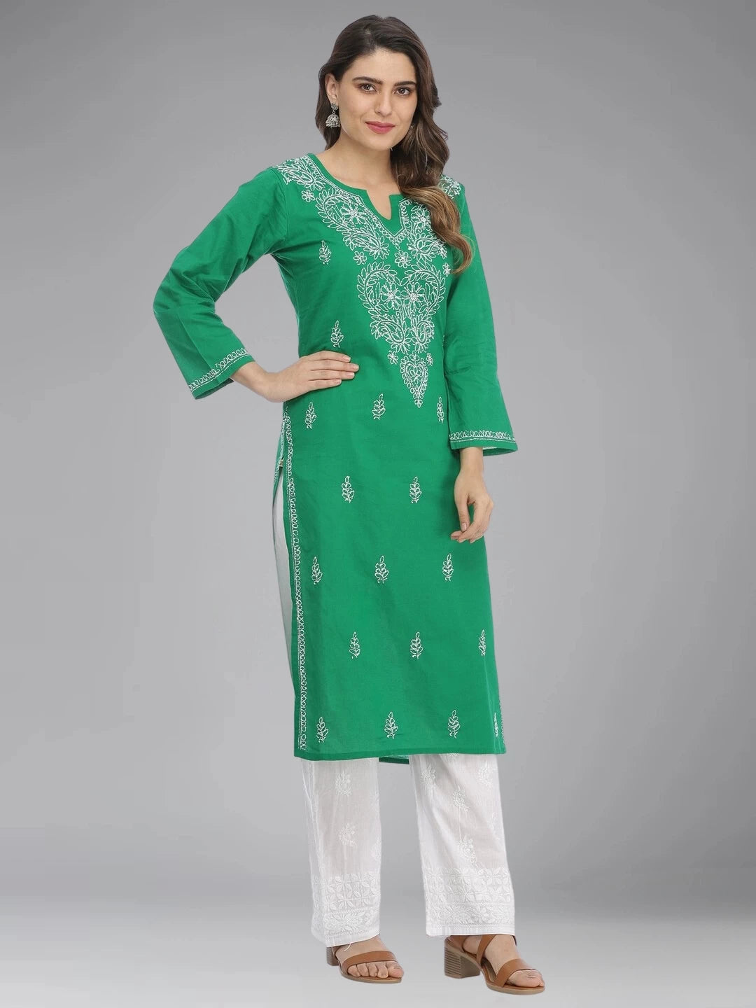 Ada Hand Embroidered Green Cotton Lucknow Chikan Straight Kurta - A396238