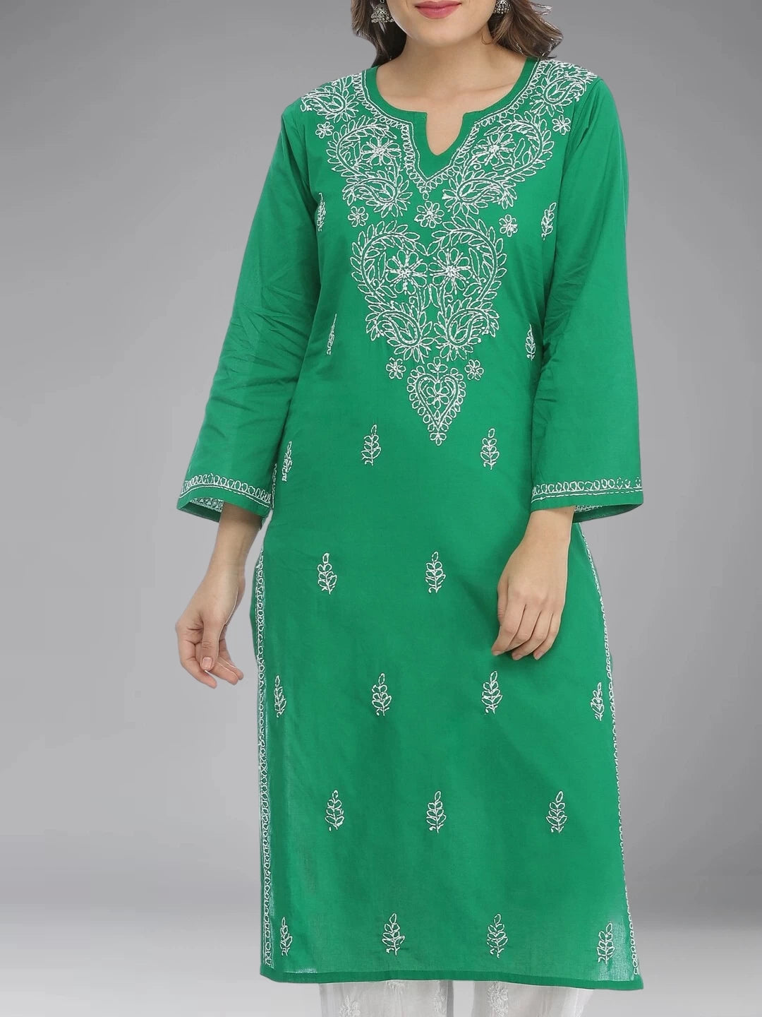Ada Hand Embroidered Green Cotton Lucknow Chikan Straight Kurta - A396238