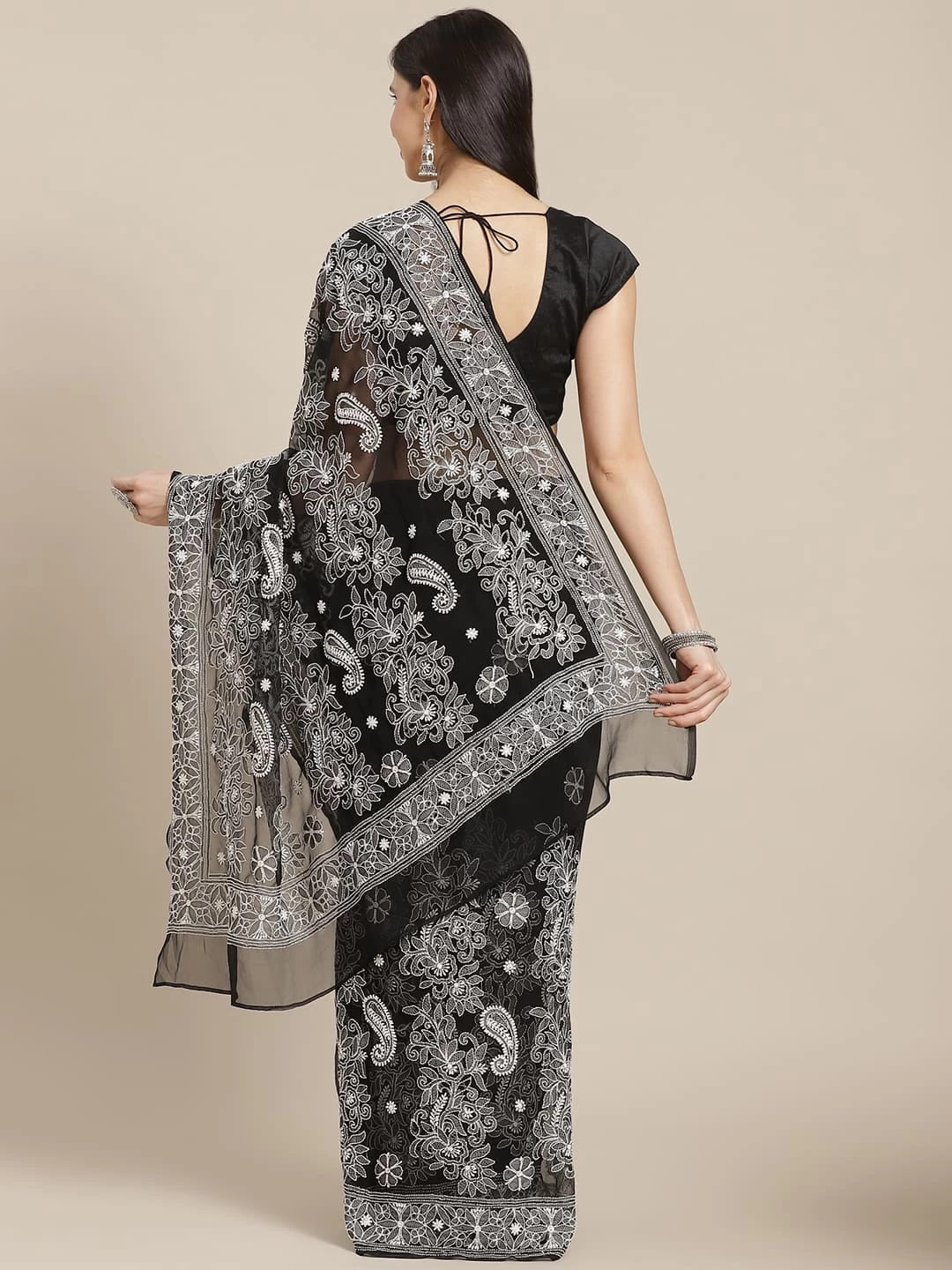 Ada Hand Embroidered Black Georgette Lucknowi Chikankari Saree With Blouse A311293