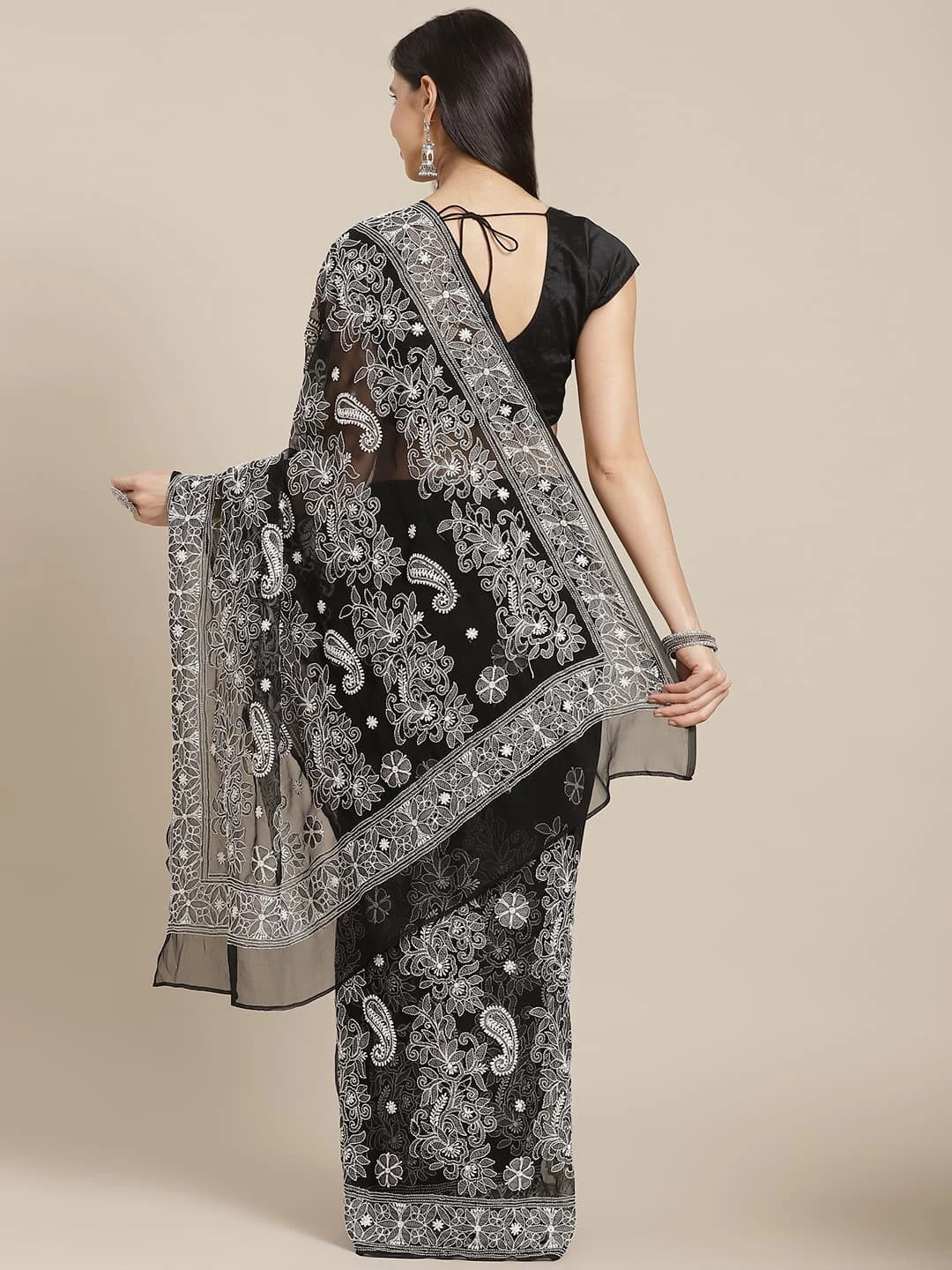 Ada Hand Embroidered Black Georgette Lucknowi Chikankari Saree With Blouse A311293
