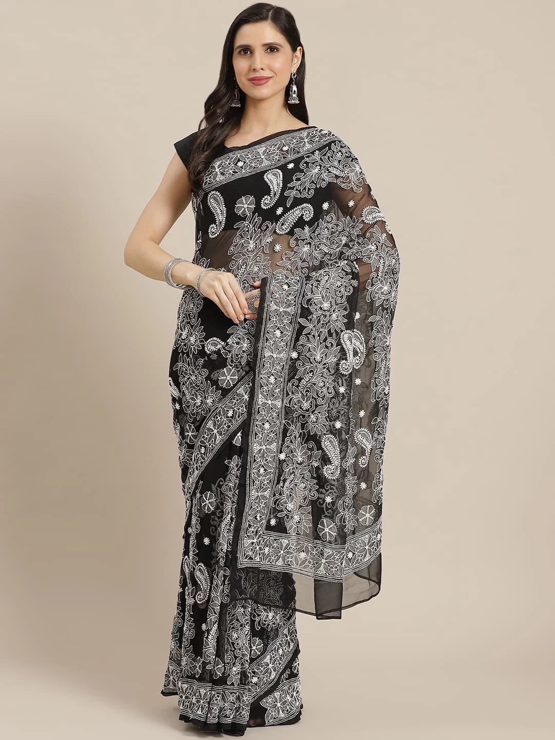 Ada Hand Embroidered Black Georgette Lucknowi Chikankari Saree With Blouse A311293
