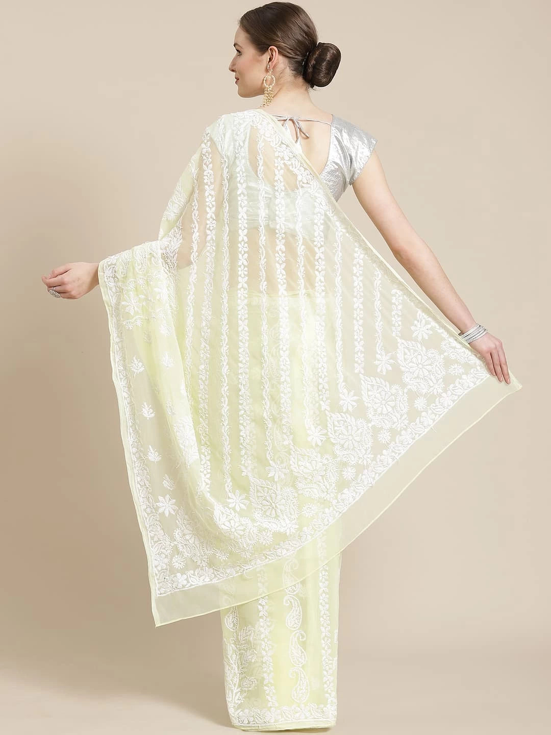 Ada Hand Embroidered Lemon Georgette Lucknowi Chikankari Saree With Blouse A311234