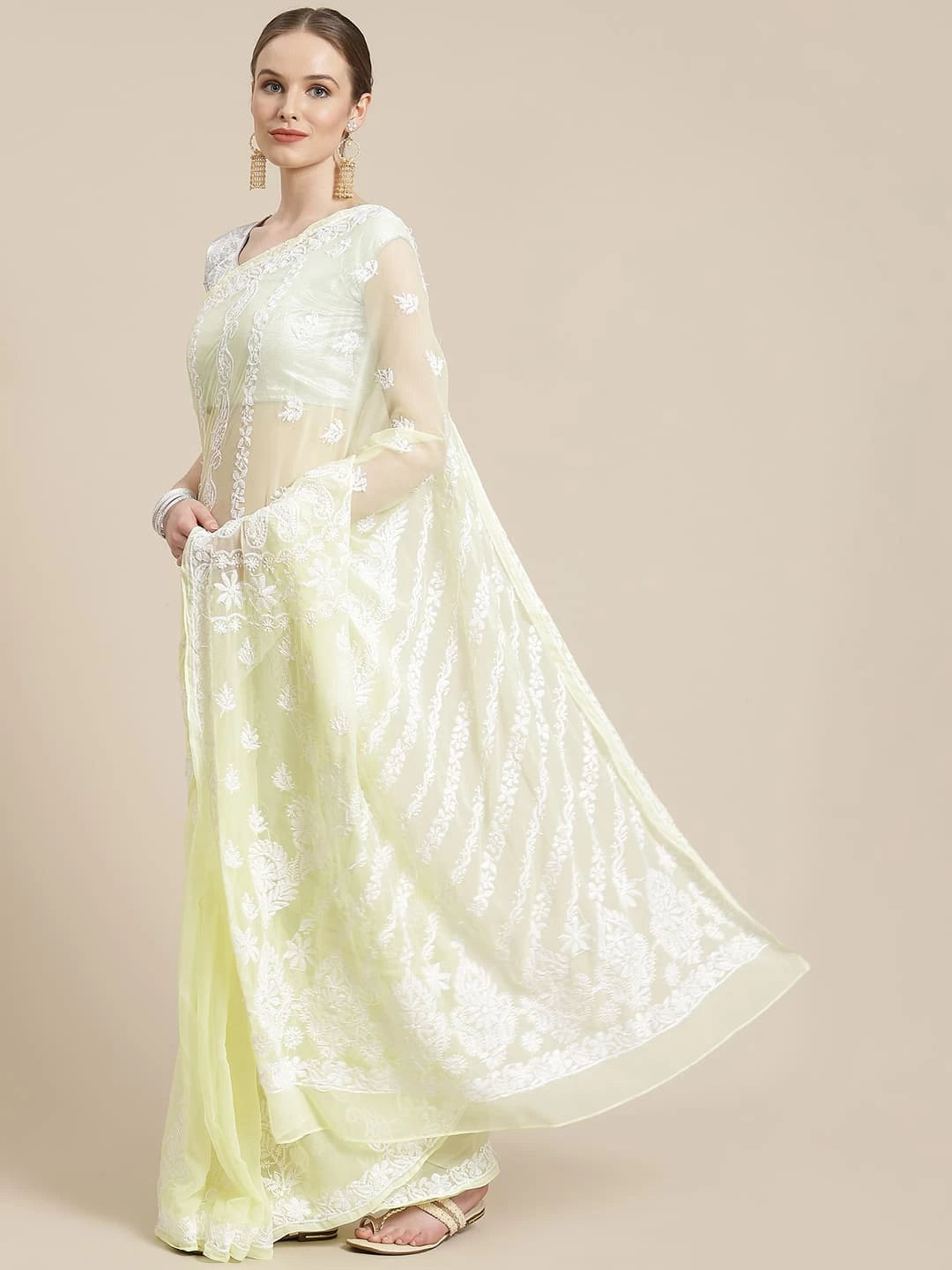 Ada Hand Embroidered Lemon Georgette Lucknowi Chikankari Saree With Blouse A311234