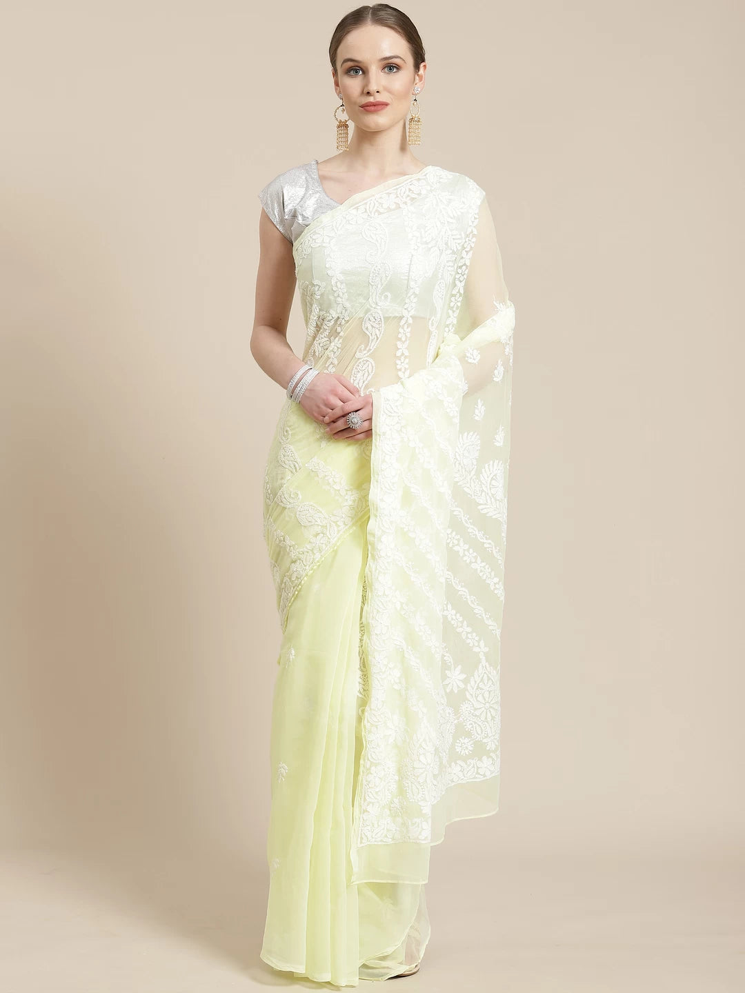 Ada Hand Embroidered Lemon Georgette Lucknowi Chikankari Saree With Blouse A311234
