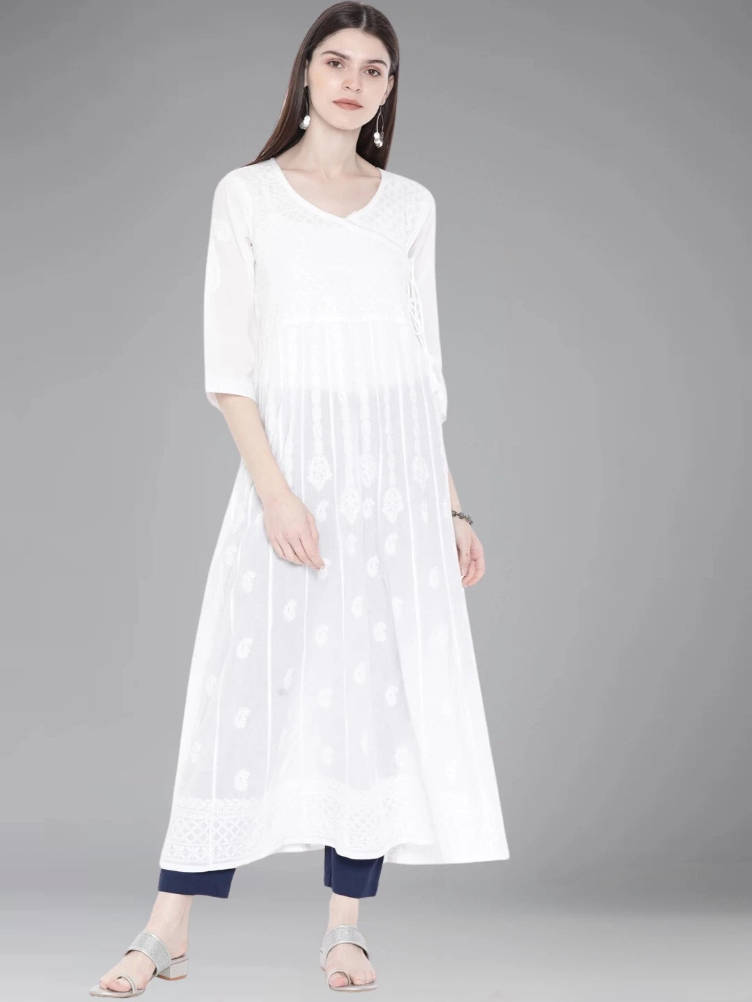 Ada Hand Embroidered White Cotton Angarkha Lucknowi Chikankari Kurta A100202