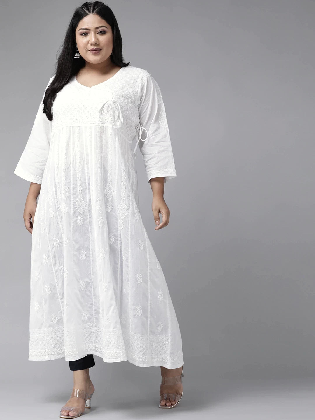 Ada Hand Embroidered White Cotton Angarkha Lucknowi Chikankari Kurta A100202
