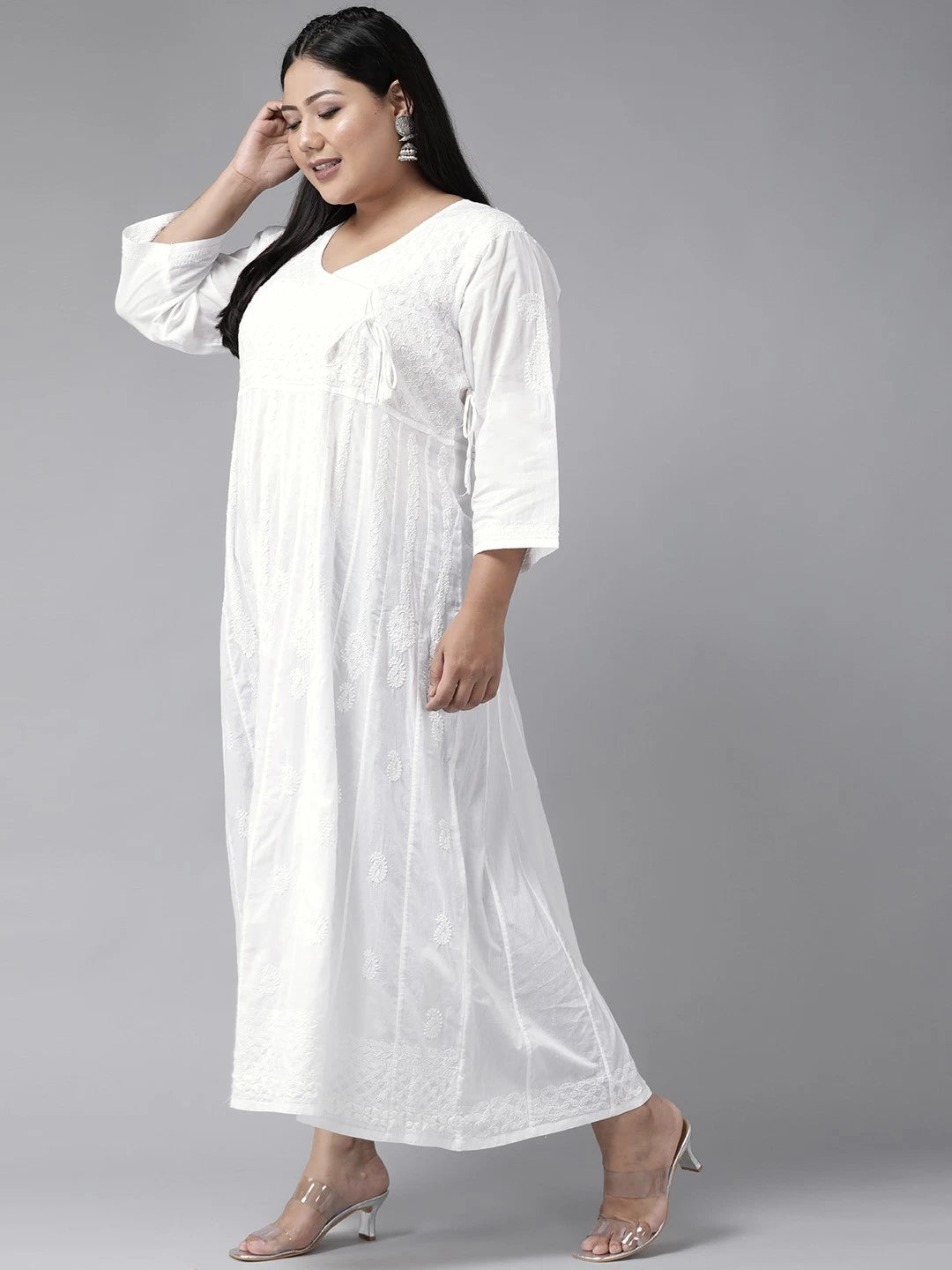 Ada Hand Embroidered White Cotton Angarkha Lucknowi Chikankari Kurta A100202