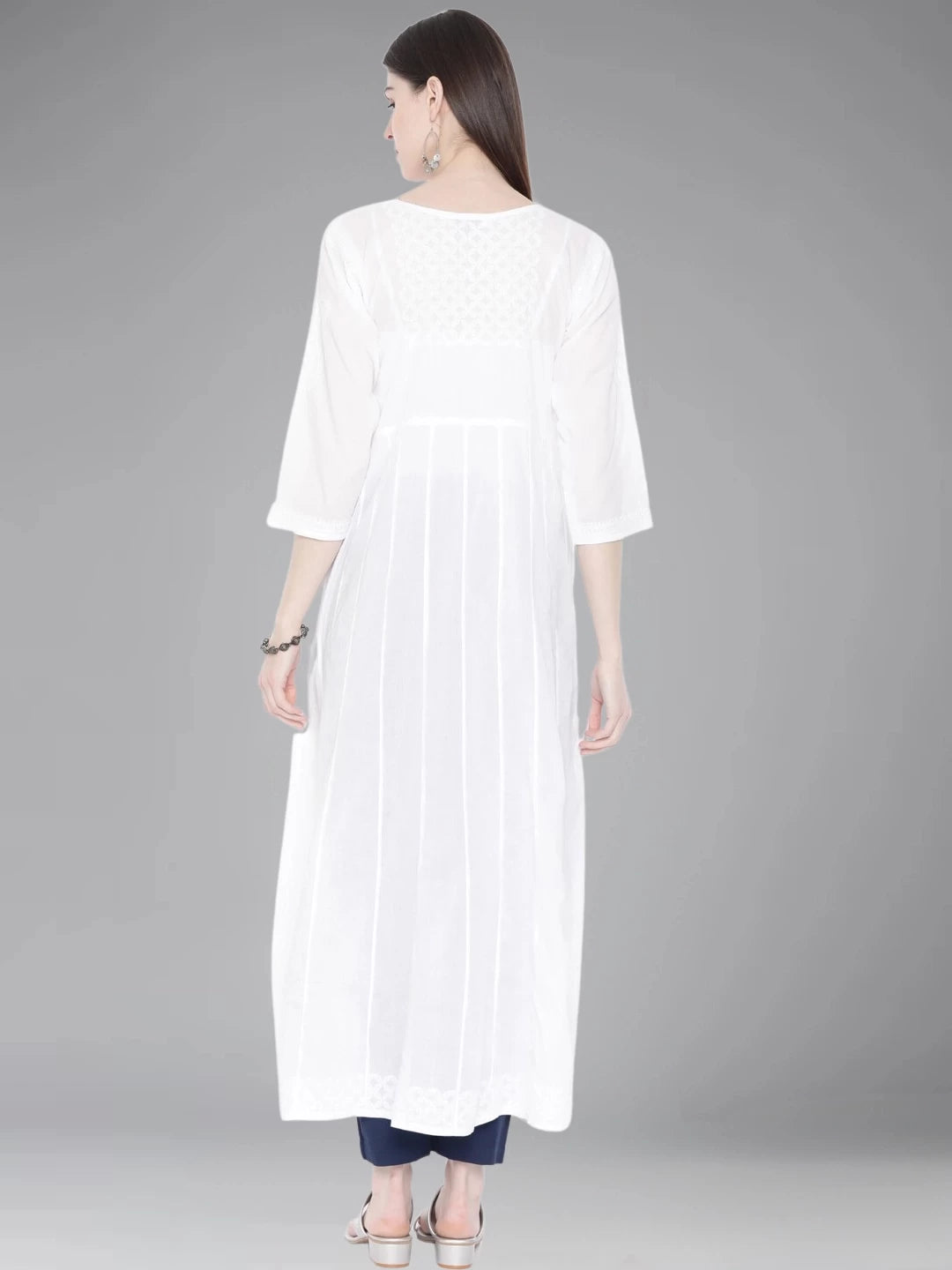 Ada Hand Embroidered White Cotton Angarkha Lucknowi Chikankari Kurta A100202