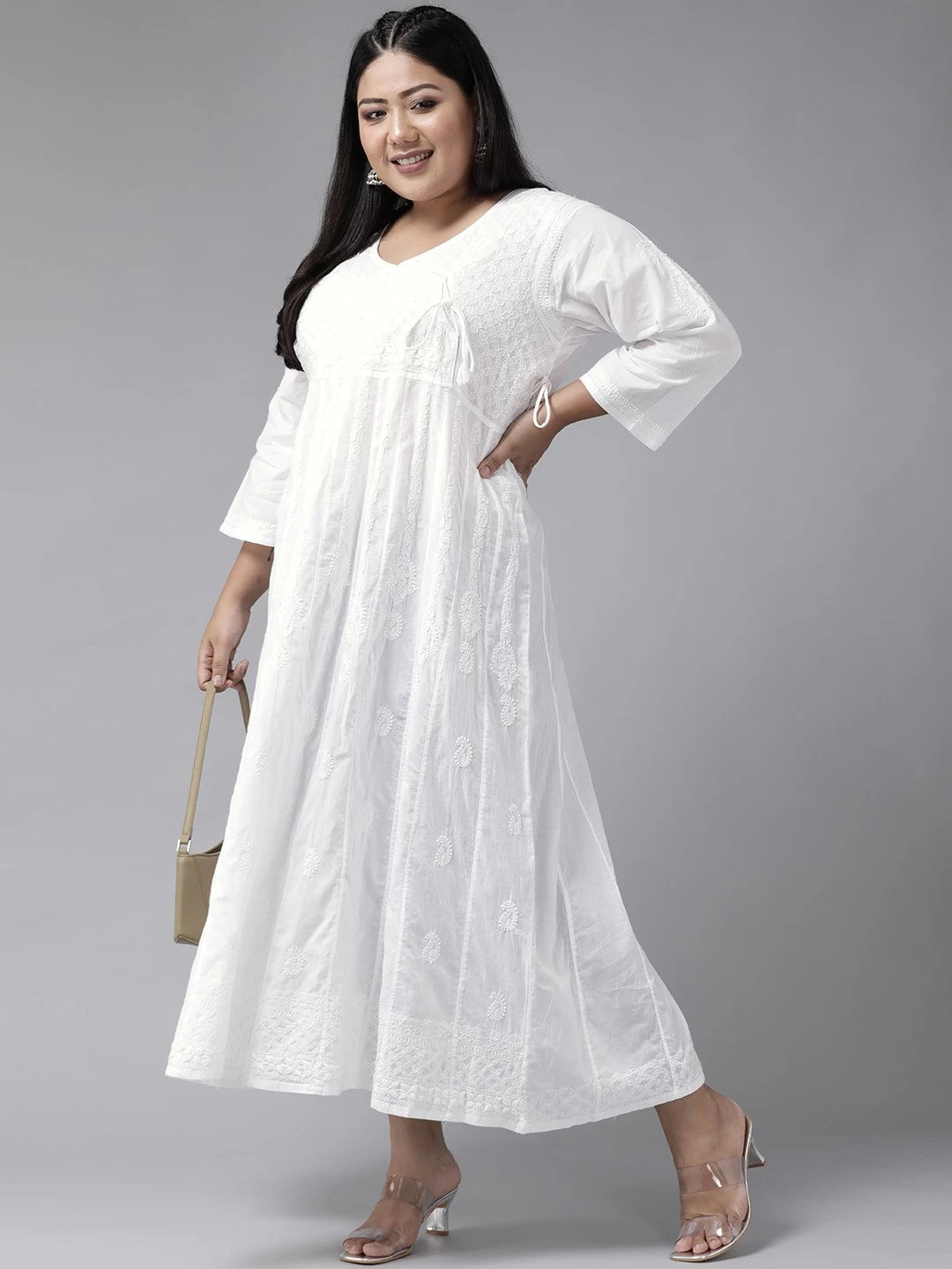 Ada Hand Embroidered White Cotton Angarkha Lucknowi Chikankari Kurta A100202